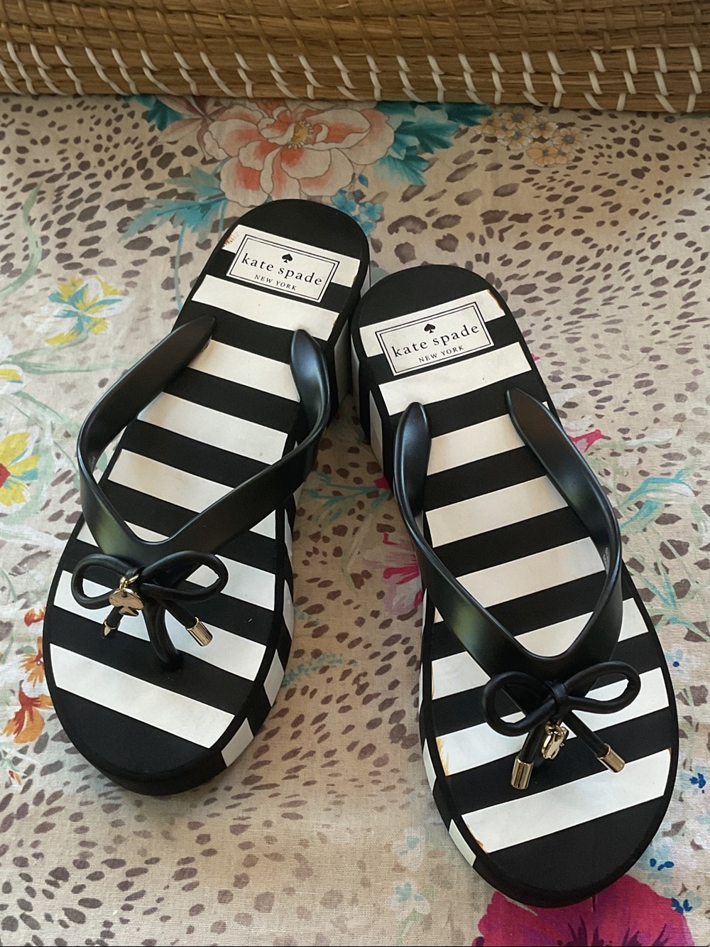 kate spade Black & White Striped Bow Flip Flop Sandals